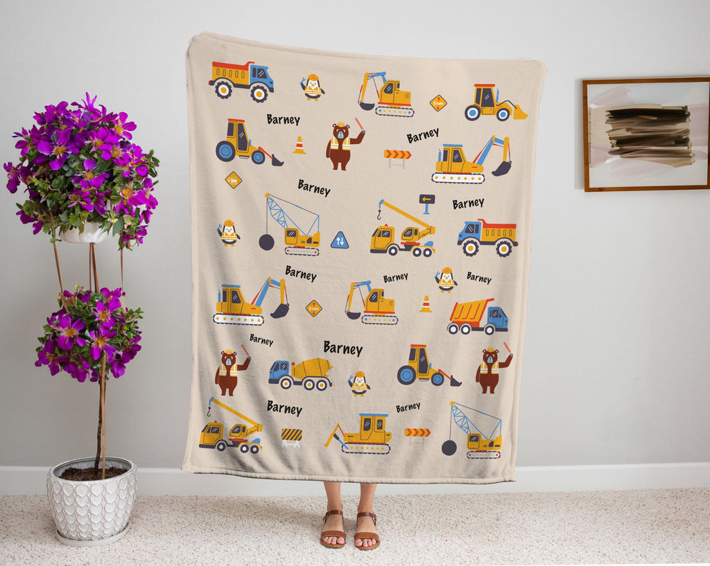 Personalized Construction Blanket Custom Name Trucks Diggers Cranes