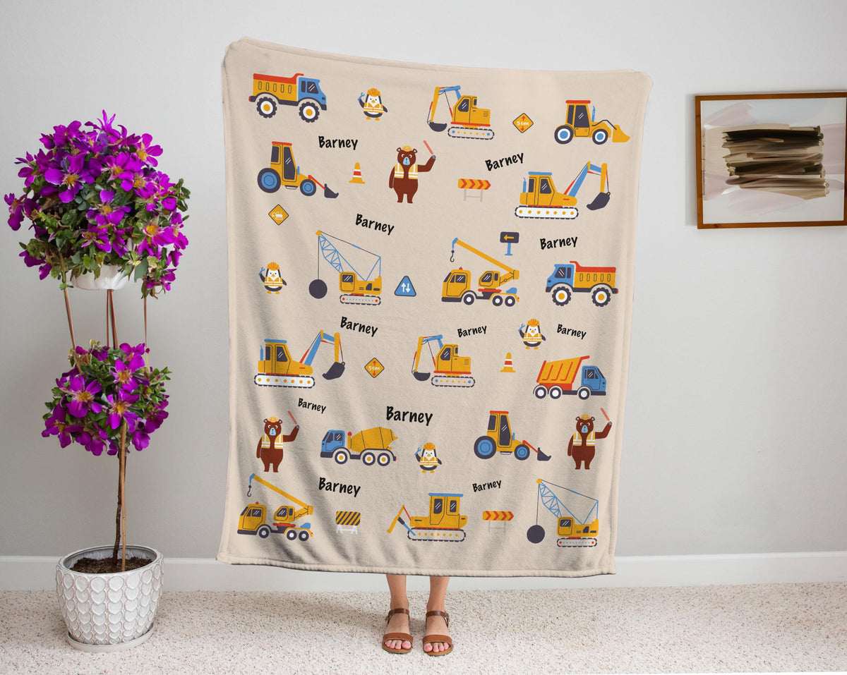 Personalized Construction Blanket Custom Name Trucks Diggers Cranes