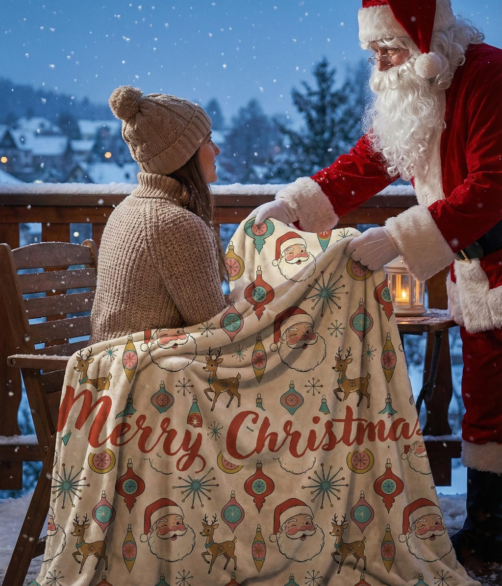 Personalized Christmas Blanket, Vintage Santa Reindeer Print, Minky or Sherpa