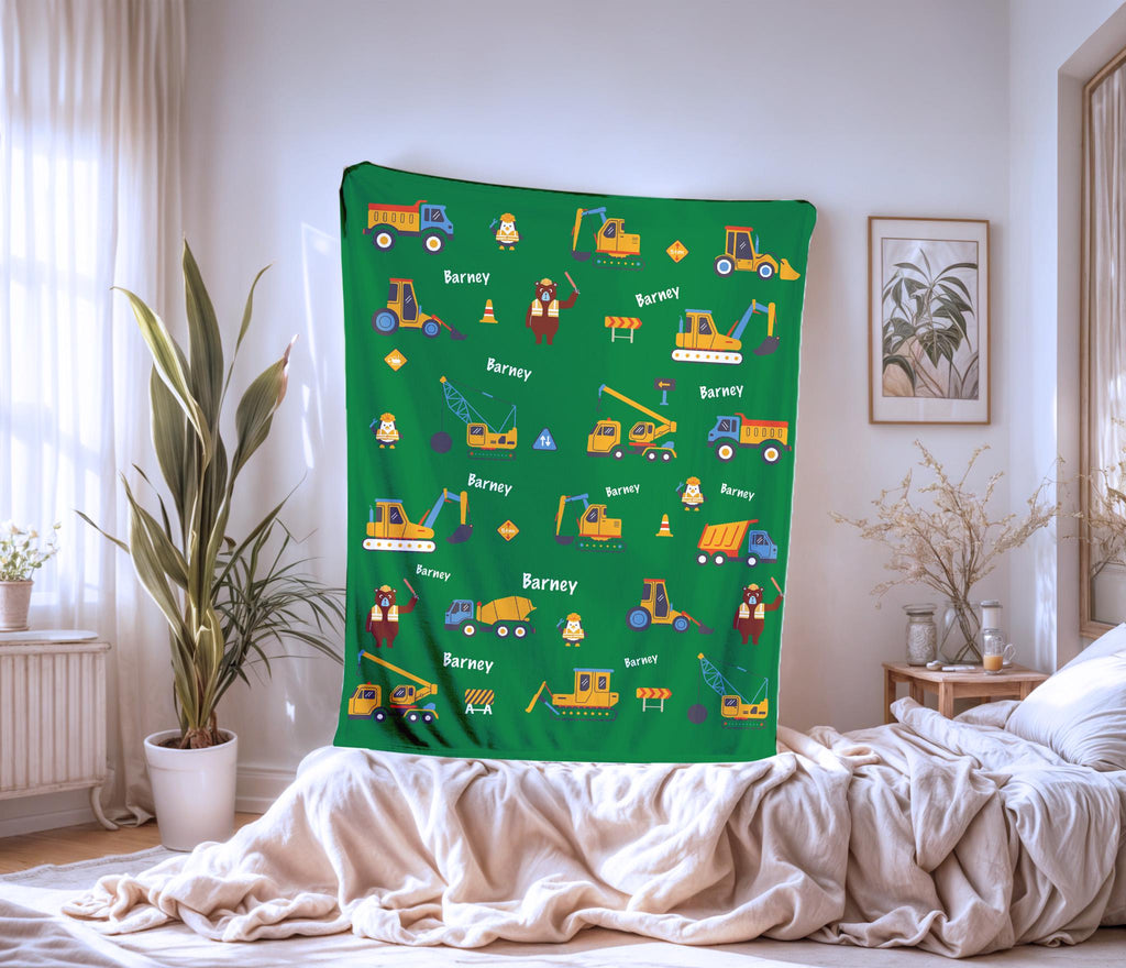 Personalized Construction Blanket Custom Name Trucks Diggers Cranes