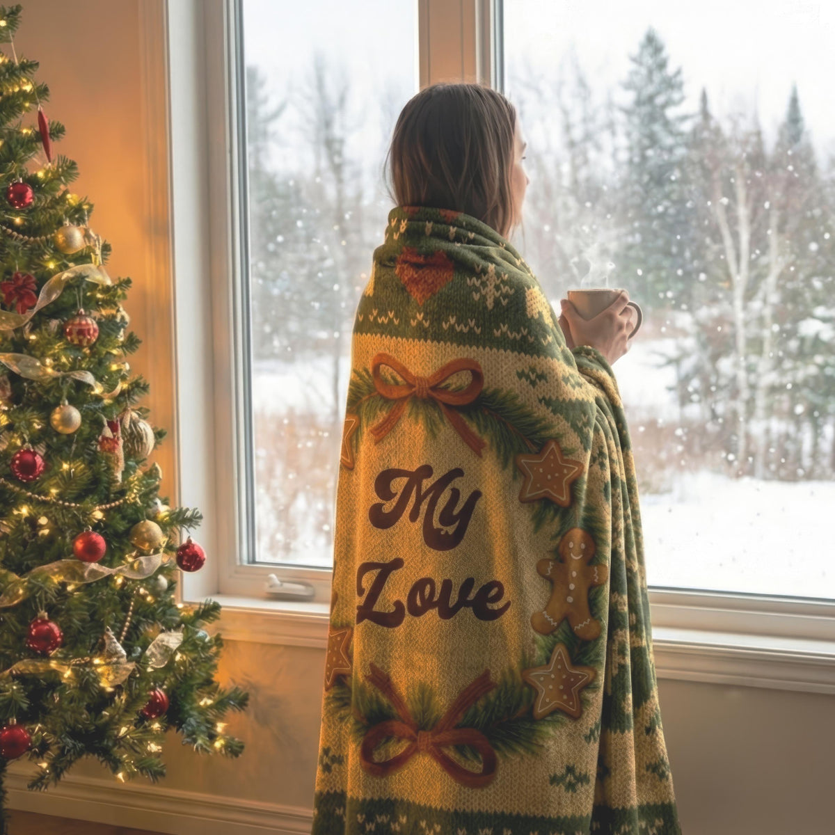 Personalized Christmas Blanket, Gingerbread Wreath Knitted Print, Minky Sherpa