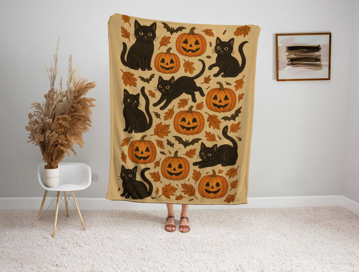 Halloween Blanket: Black Cat & Pumpkin Minky Sherpa Throw