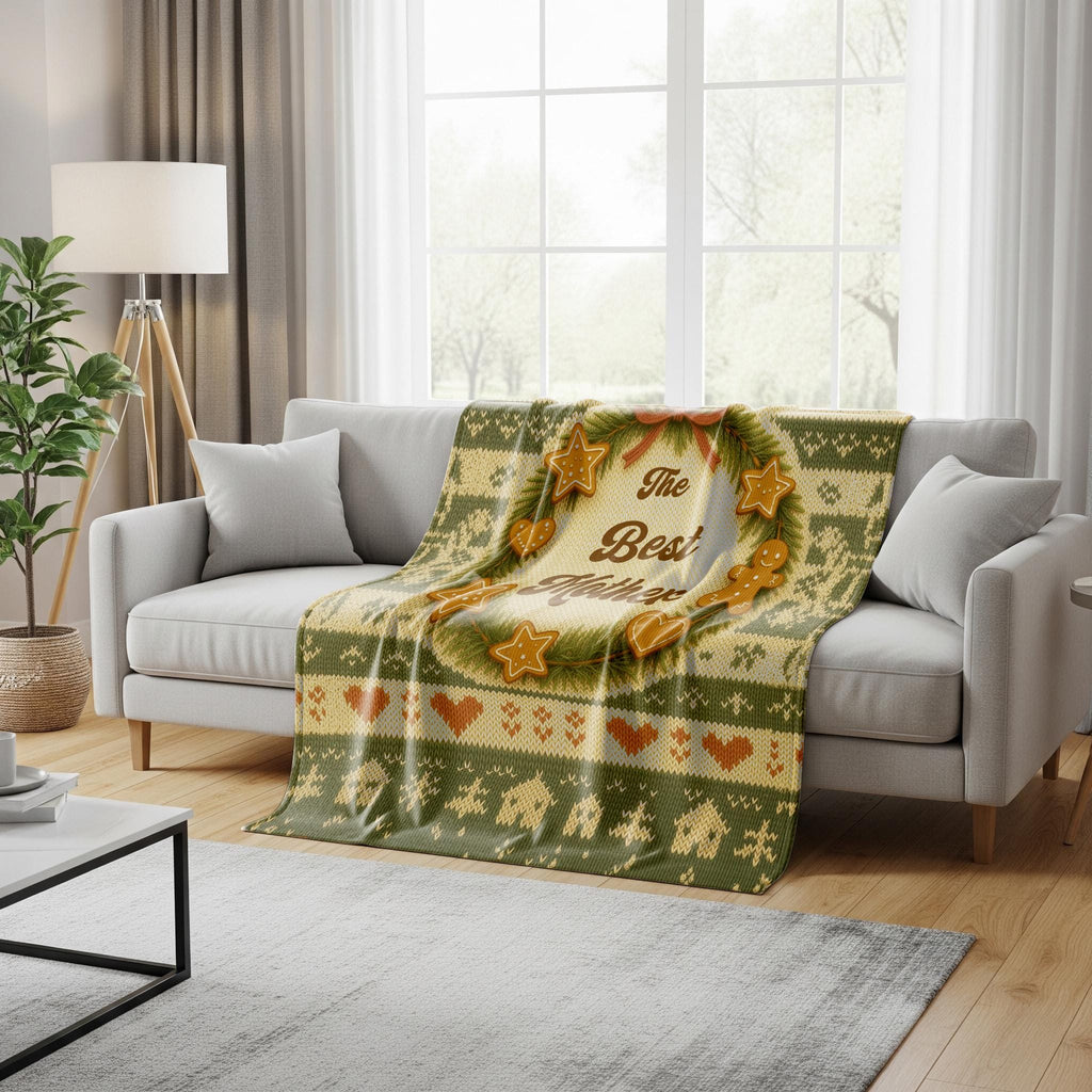 Personalized Christmas Blanket, Gingerbread Wreath Knitted Print, Minky Sherpa