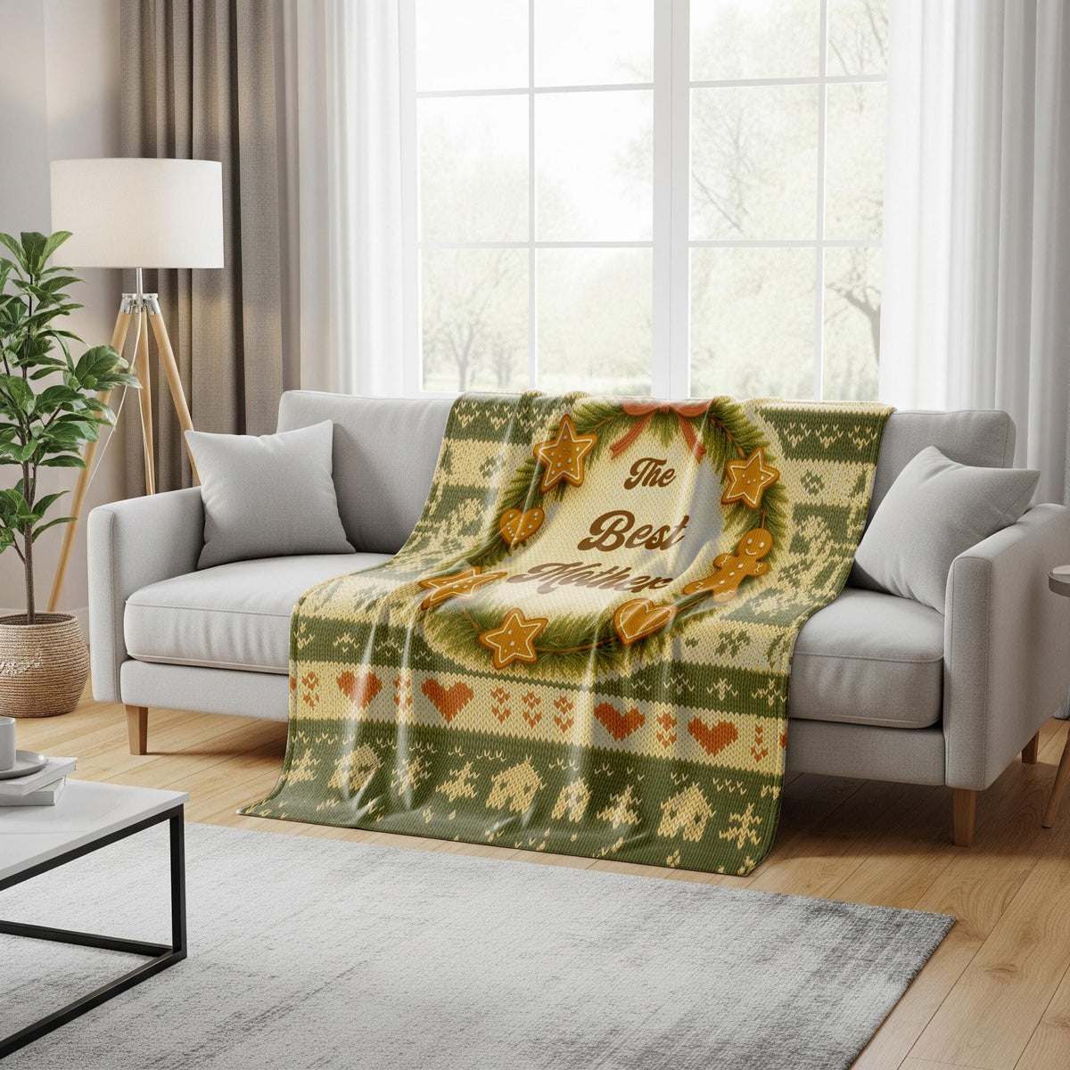 Personalized Christmas Blanket, Gingerbread Wreath Knitted Print, Minky Sherpa