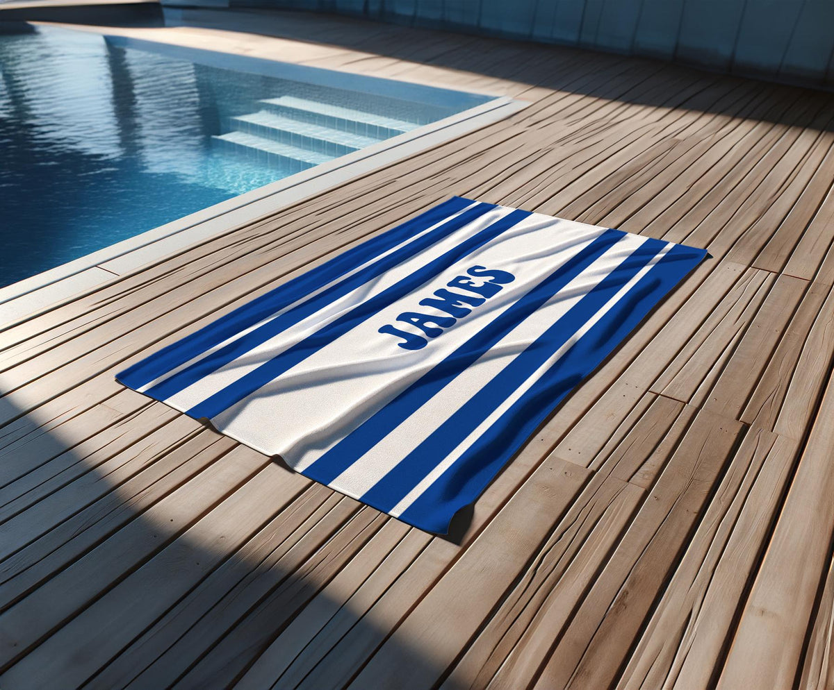 Custom Striped Beach Towel: Personalized 70s Retro Font Name Towel