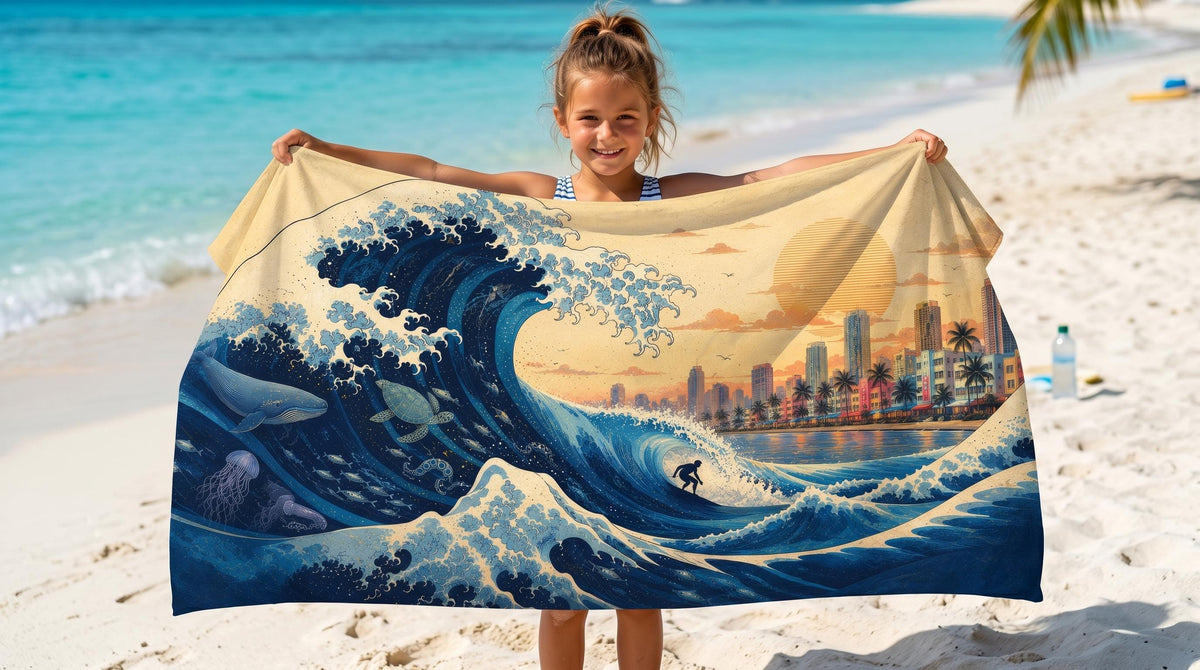 Miami Wave Beach Towel, Tropical Skyline Coastal Summer Towel