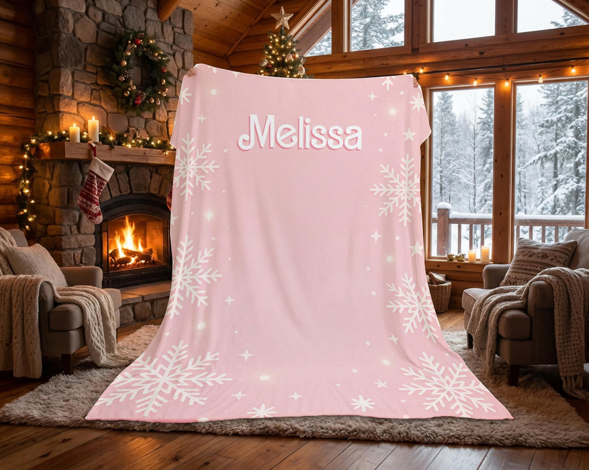 Custom Name Pink Snowflake Blanket, Personalized Soft Throw Minky or Sherpa