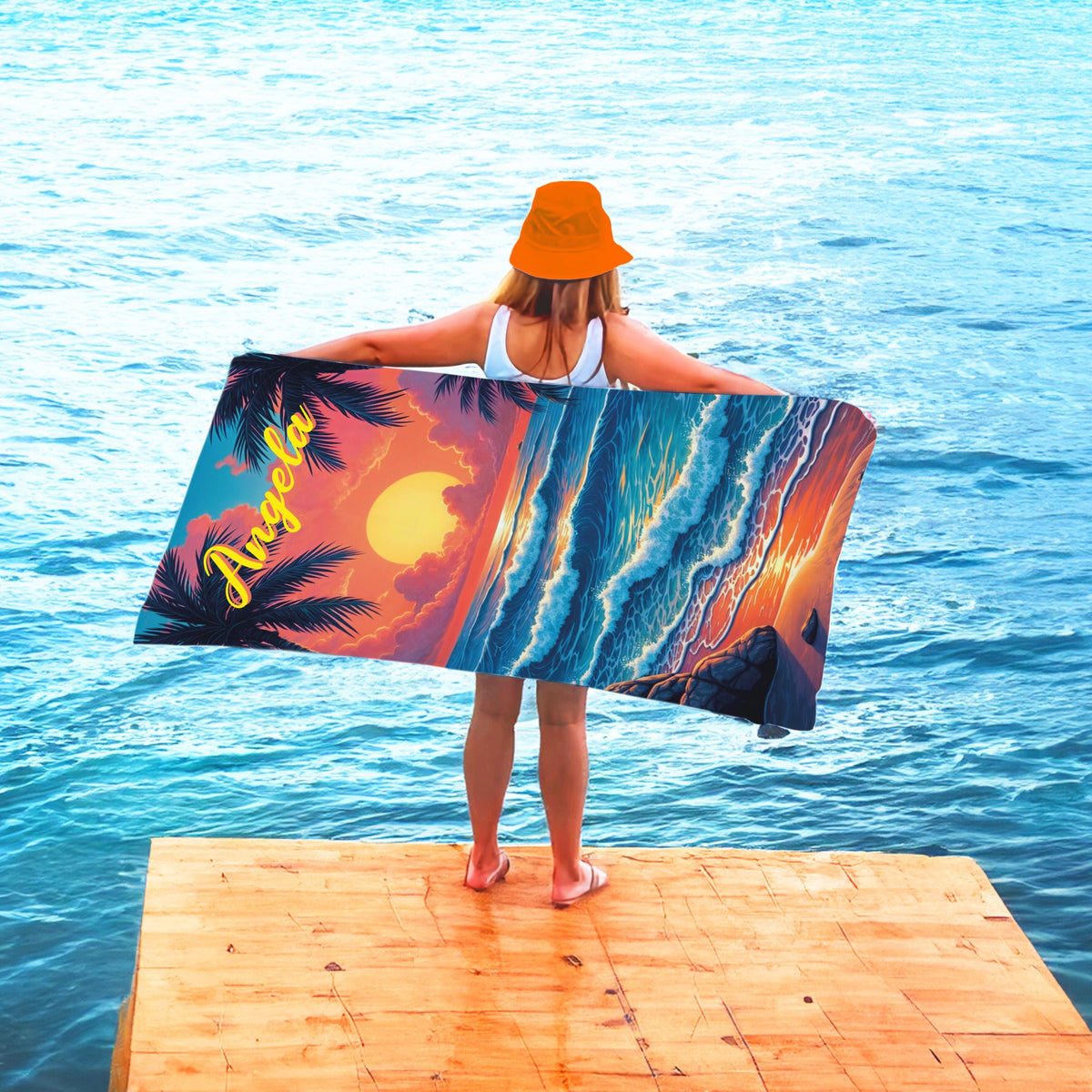 Personalized Beach Towel: Sunset Ocean Waves, Tropical Vacation Gift
