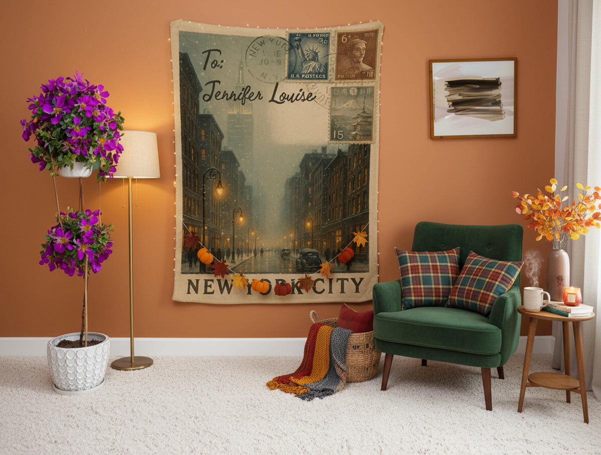 Personalized New York City Blanket – Vintage Postcard Travel Throw