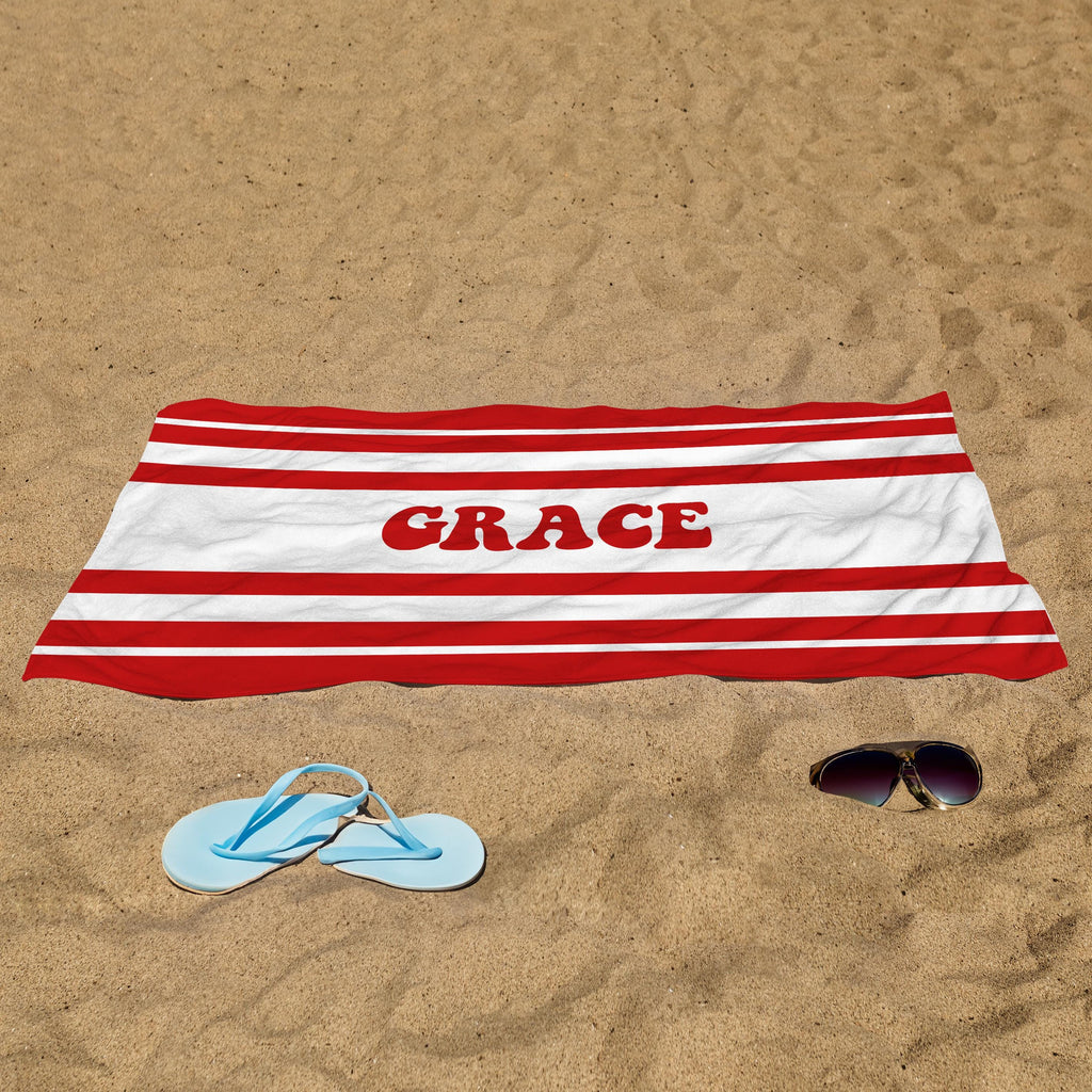 Custom Striped Beach Towel: Personalized 70s Retro Font Name Towel