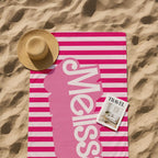 Personalized Pink Stripe Beach Towel: Retro Summer Party Fun
