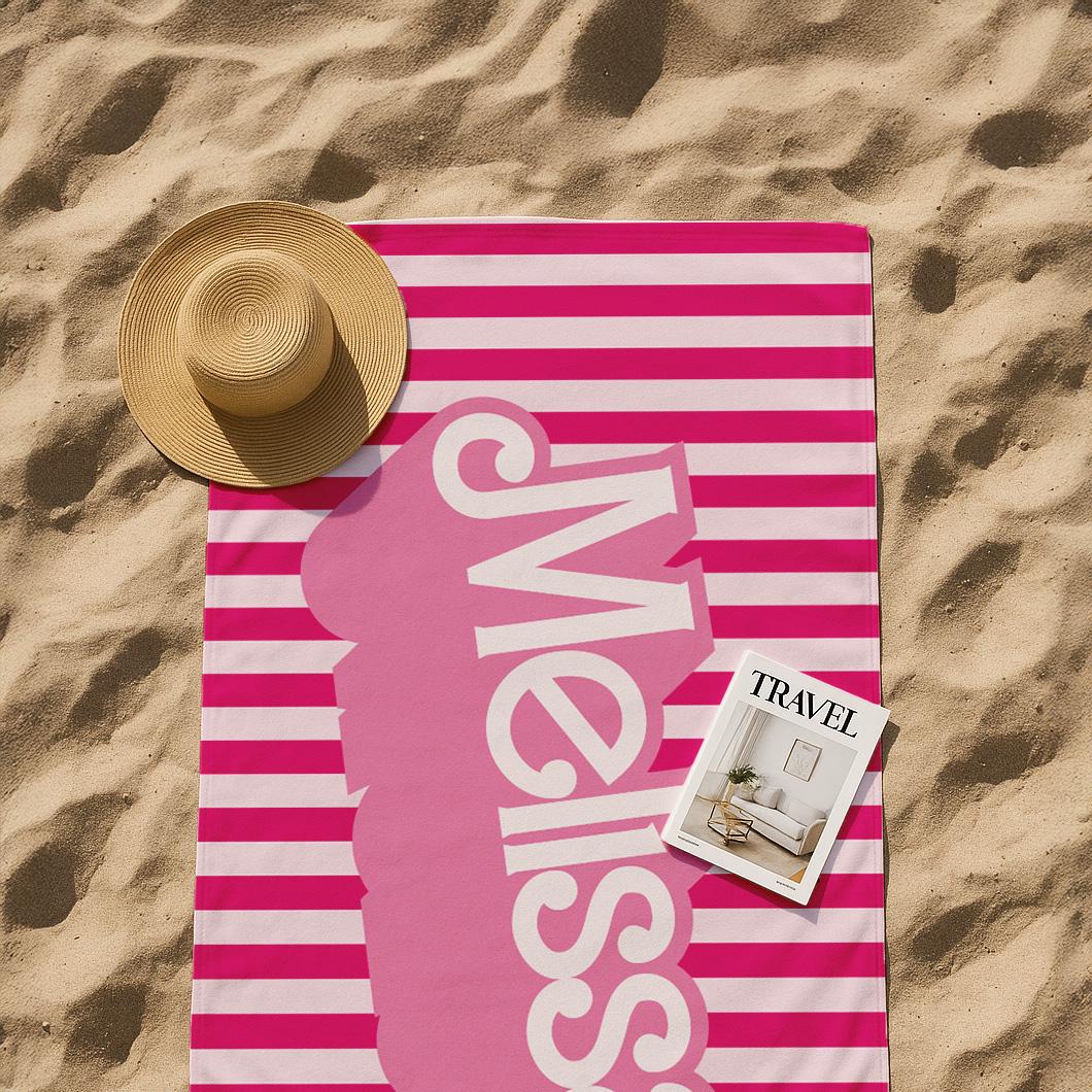 Personalized Pink Stripe Beach Towel: Retro Summer Party Fun