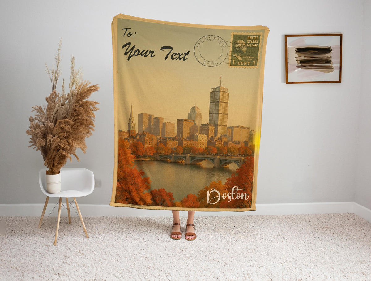 Personalized Boston Blanket – Vintage Postcard, Custom Minky Sherpa Throw