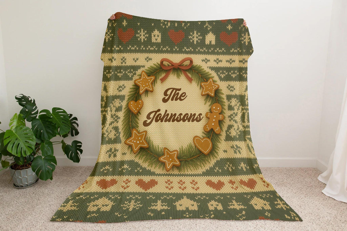 Personalized Christmas Blanket, Gingerbread Wreath Knitted Print, Minky Sherpa