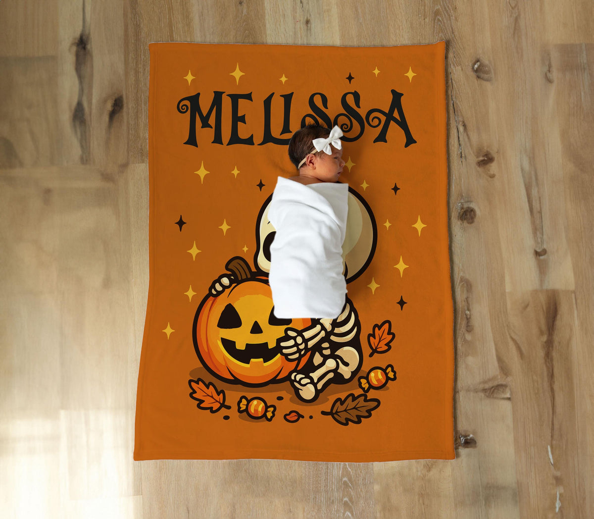 Personalized Halloween Blanket: Baby Skeleton & Pumpkin, Custom Name Kids Throw