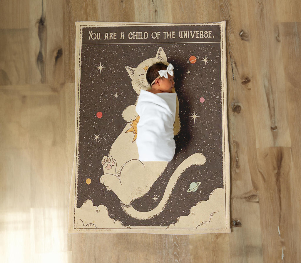 Cosmic Cat Blanket, Vintage Space Design, Minky or Sherpa Throw