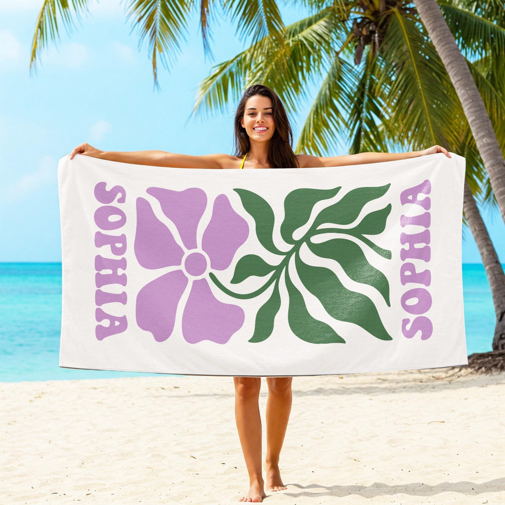 Personalized Retro Floral Beach Towel: Custom Name Summer Gift
