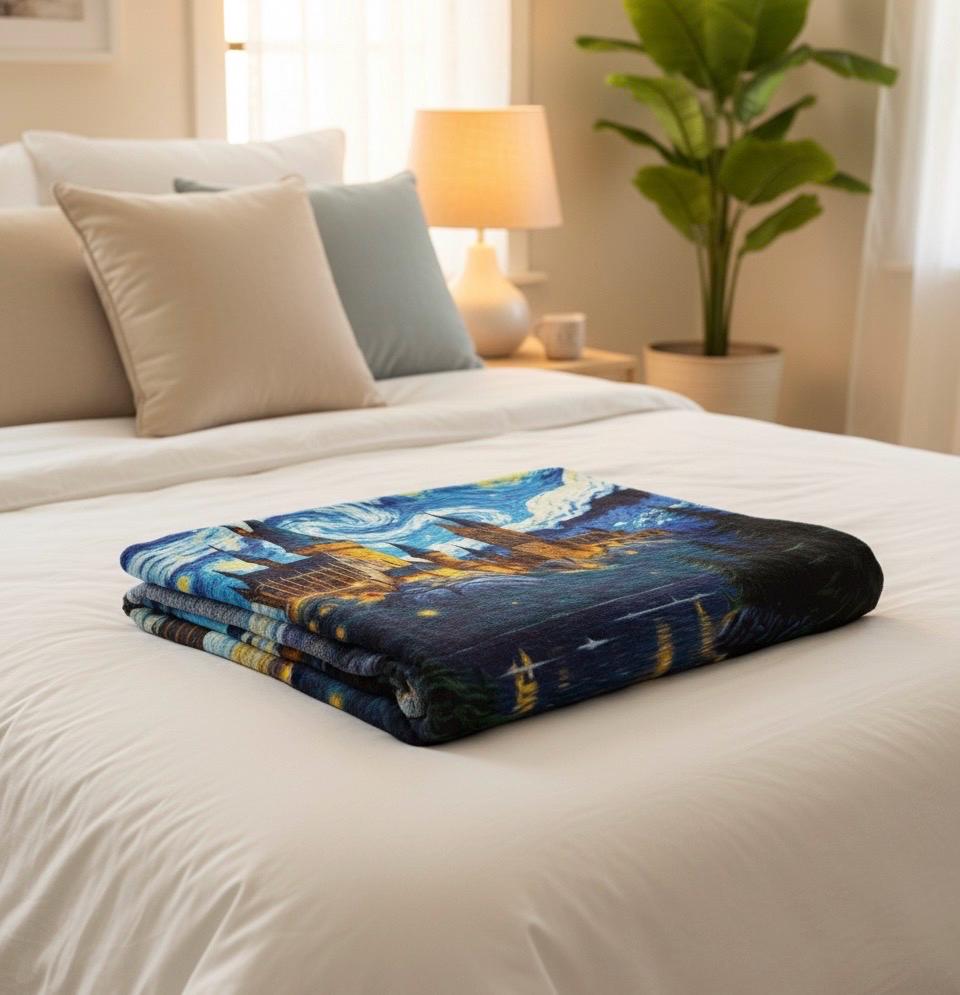 Starry Night Wizard Castle Blanket: Van Gogh Inspired Fantasy Throw