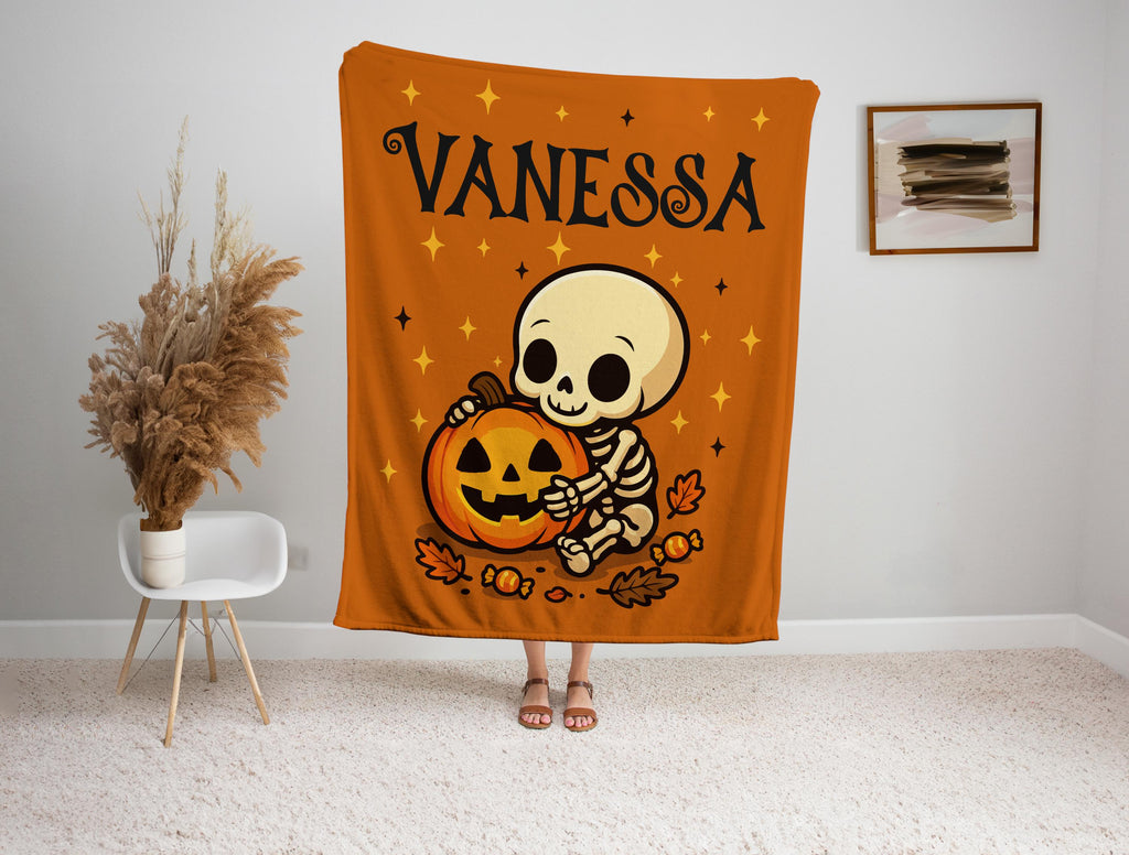 Personalized Halloween Blanket: Baby Skeleton & Pumpkin, Custom Name Kids Throw