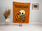 Personalized Halloween Blanket: Baby Skeleton & Pumpkin, Custom Name Kids Throw