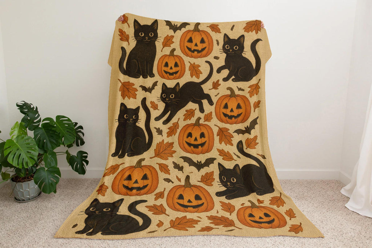 Halloween Blanket: Black Cat & Pumpkin Minky Sherpa Throw