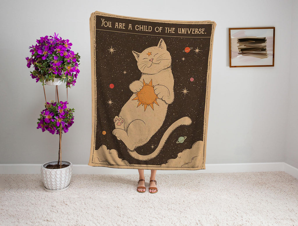 Cosmic Cat Blanket, Vintage Space Design, Minky or Sherpa Throw