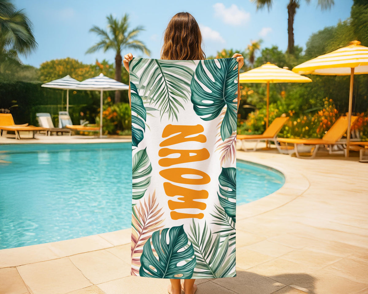 Personalized Tropical Palm Leaf Beach Towel: Custom Name Gift