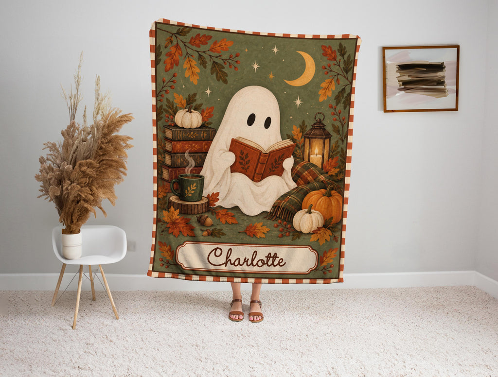 Personalized Halloween Blanket with Reading Ghost, Sage Green and Terracotta Border / Minky or Sherpa