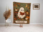 Personalized Halloween Blanket with Reading Ghost, Sage Green and Terracotta Border / Minky or Sherpa
