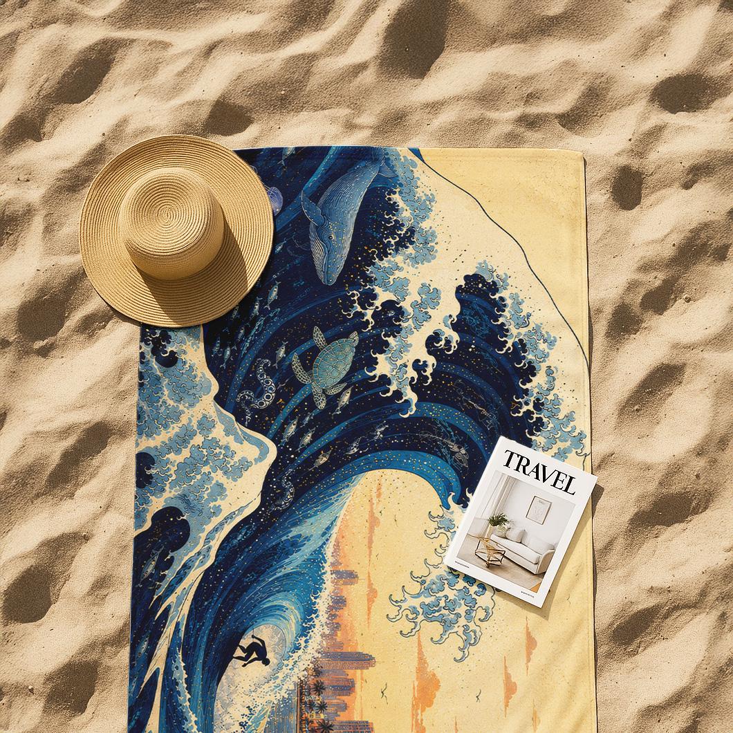 Miami Wave Beach Towel, Tropical Skyline Coastal Summer Towel