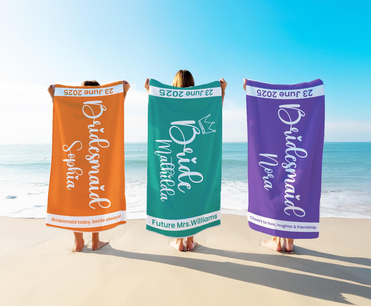 Personalized Bride Beach Towel: Crown Design, Wedding Date Gift