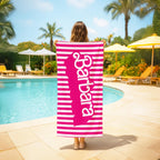 Personalized Pink Stripe Beach Towel: Retro Summer Party Fun