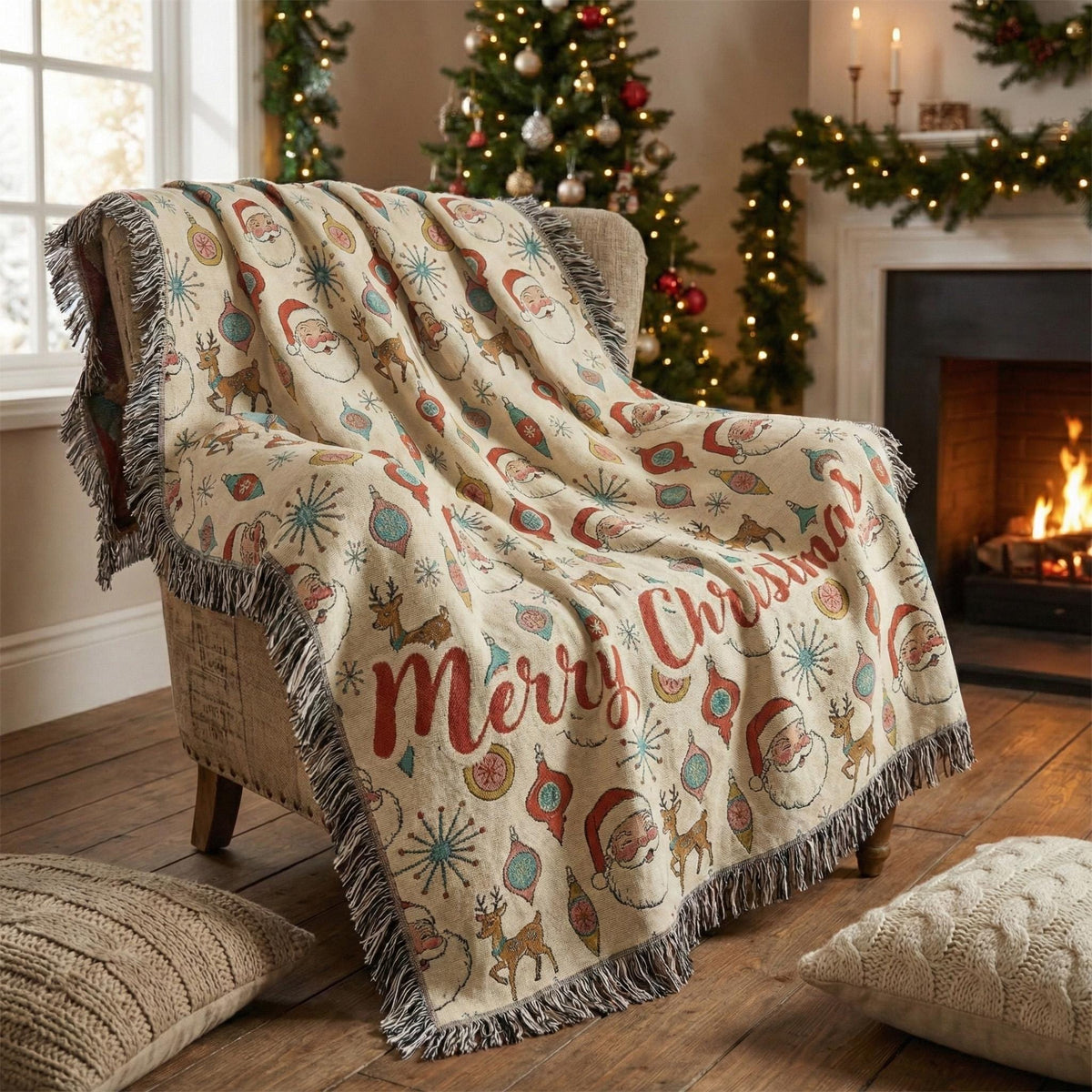 Personalized Christmas Blanket, Vintage Santa Reindeer Print, Minky or Sherpa