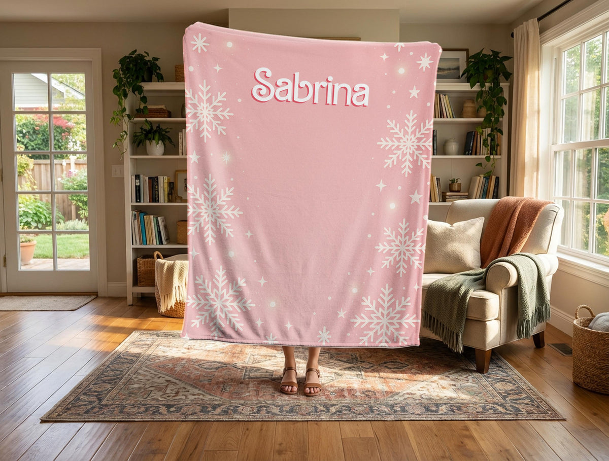 Custom Name Pink Snowflake Blanket, Personalized Soft Throw Minky or Sherpa