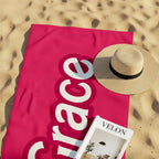 Personalized Pink Beach Towel: Retro Script Font, Custom Name