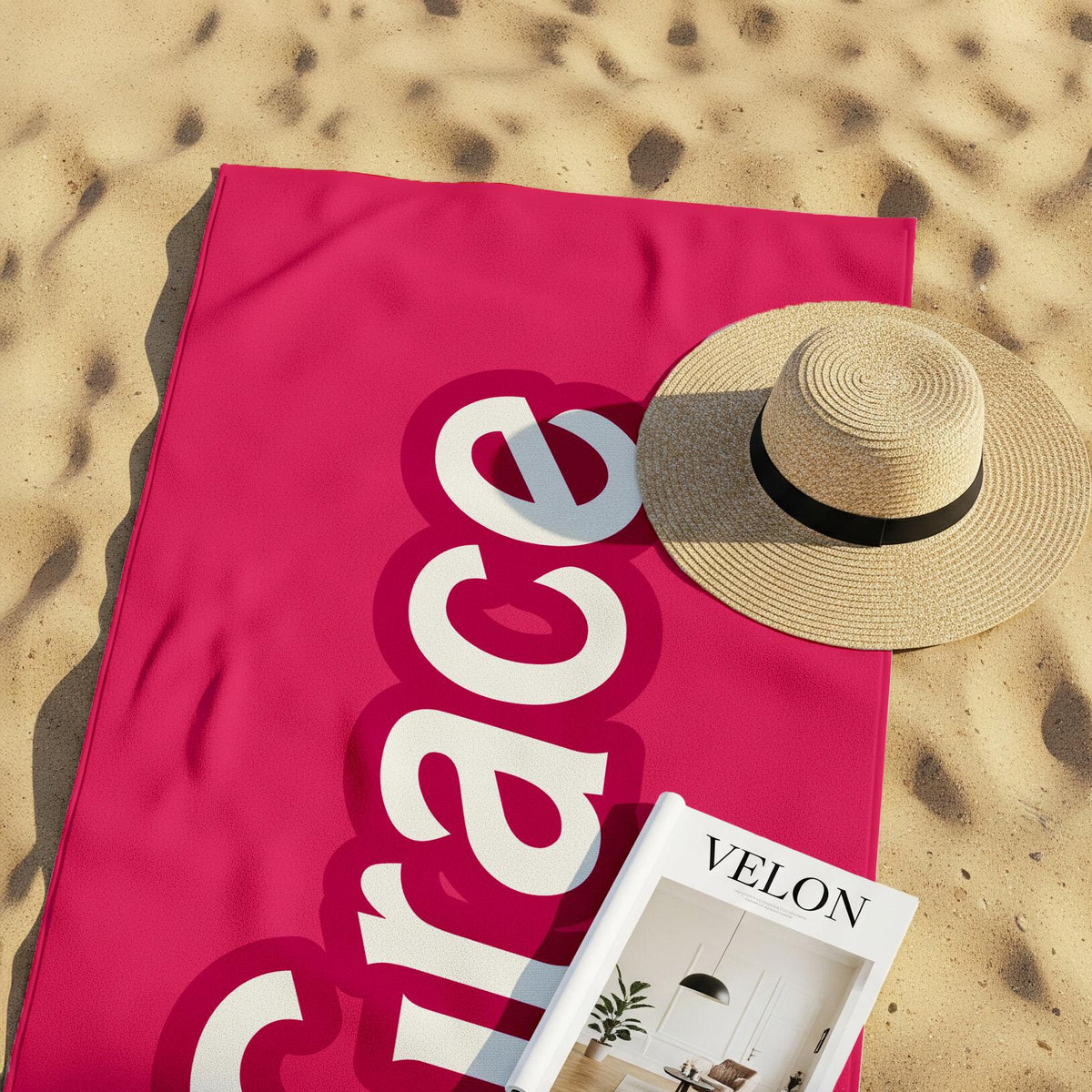 Personalized Pink Beach Towel: Retro Script Font, Custom Name