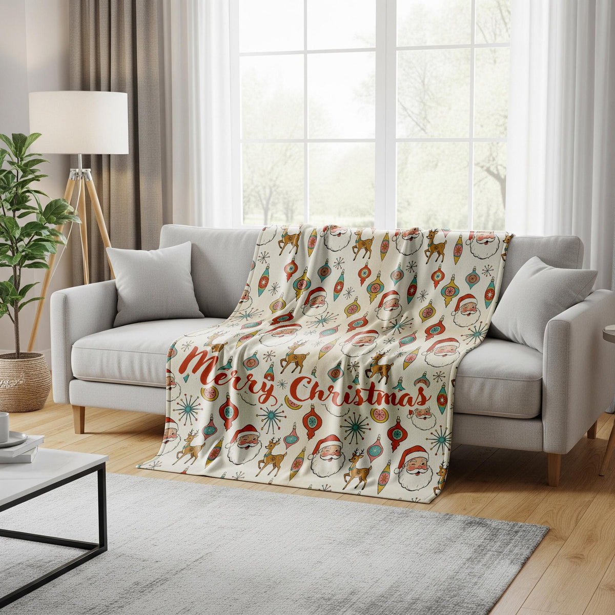 Personalized Christmas Blanket, Vintage Santa Reindeer Print, Minky or Sherpa
