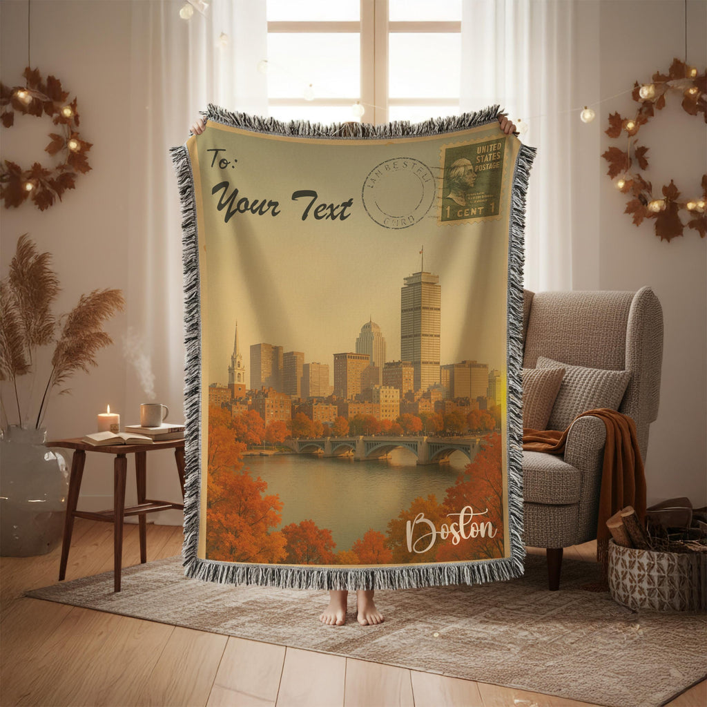 Personalized Boston Blanket – Vintage Postcard, Custom Minky Sherpa Throw