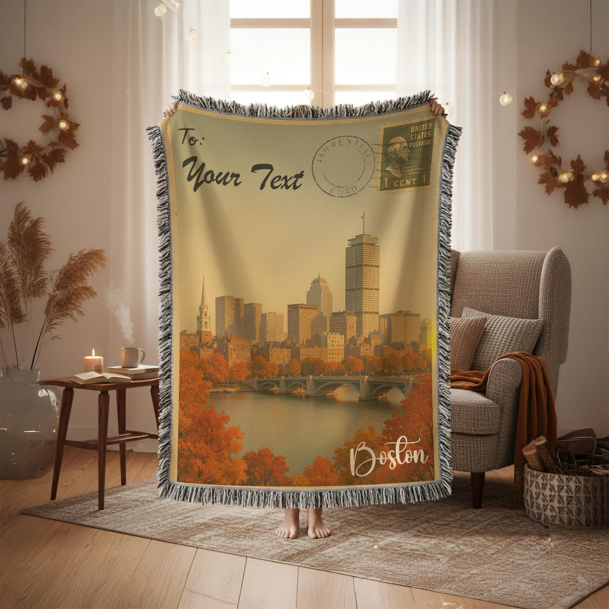 Personalized Boston Blanket – Vintage Postcard, Custom Minky Sherpa Throw