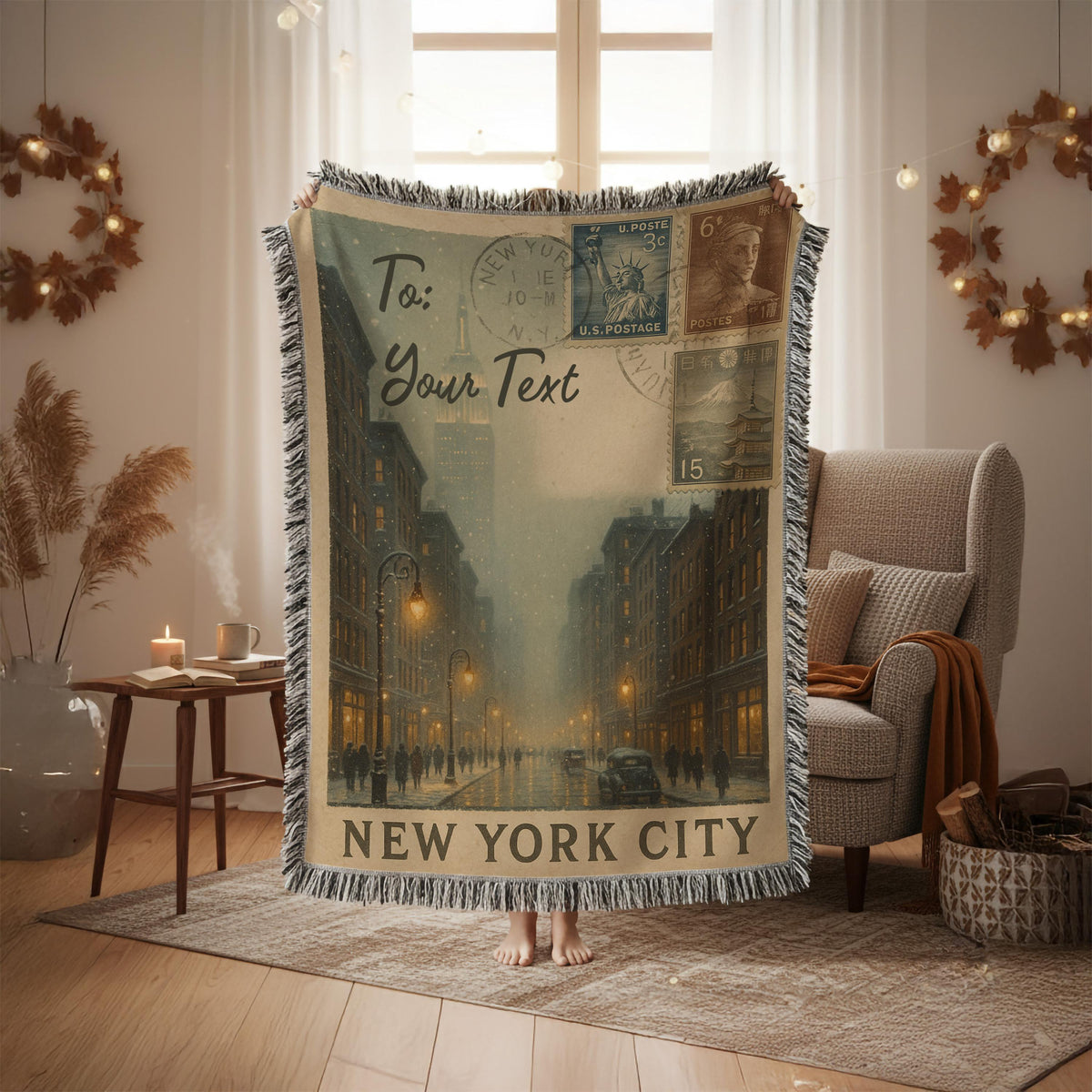 Personalized New York City Blanket, Vintage Postcard, Minky or Sherpa