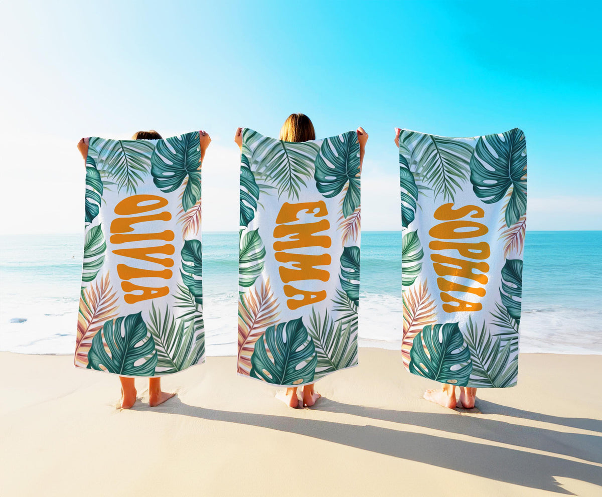 Personalized Tropical Palm Leaf Beach Towel: Custom Name Gift