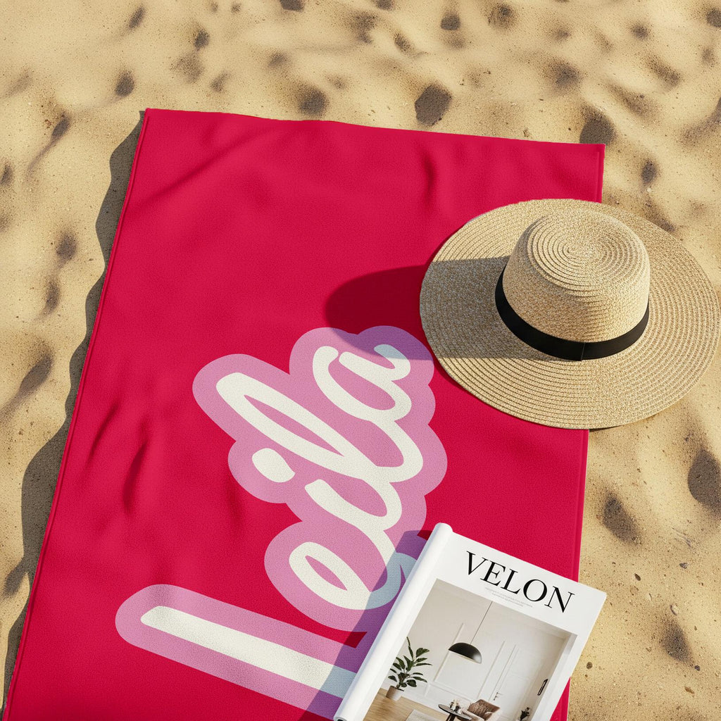 Personalized Pink Beach Towel: Custom Name, Soft Microfiber