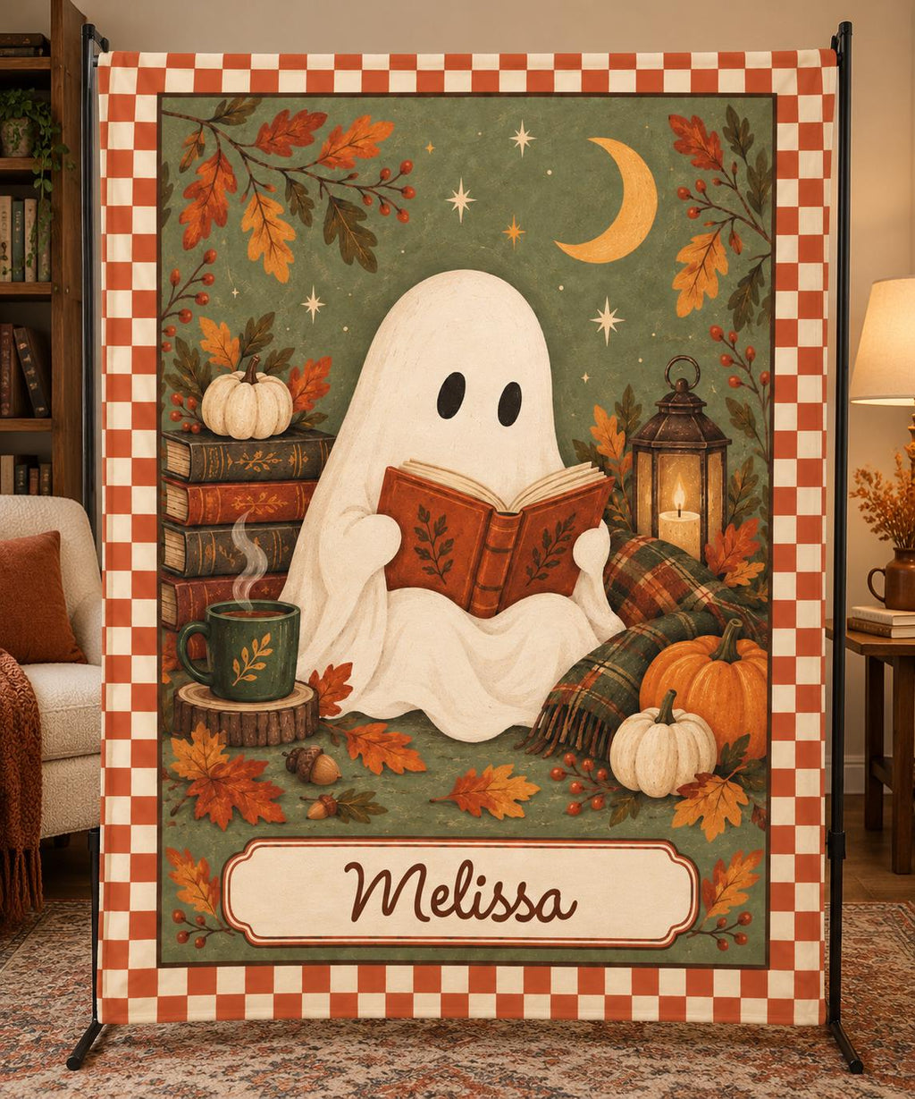 Personalized Halloween Blanket with Reading Ghost, Sage Green and Terracotta Border / Minky or Sherpa