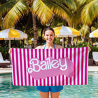 Personalized Pink Stripe Beach Towel: Retro Summer Party Fun
