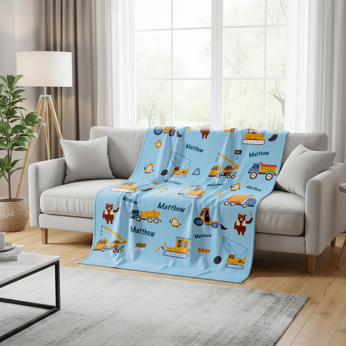 Personalized Construction Blanket Custom Name Trucks Diggers Cranes