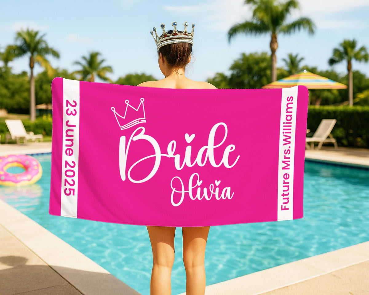 Personalized Bride Beach Towel: Crown Design, Wedding Date Gift