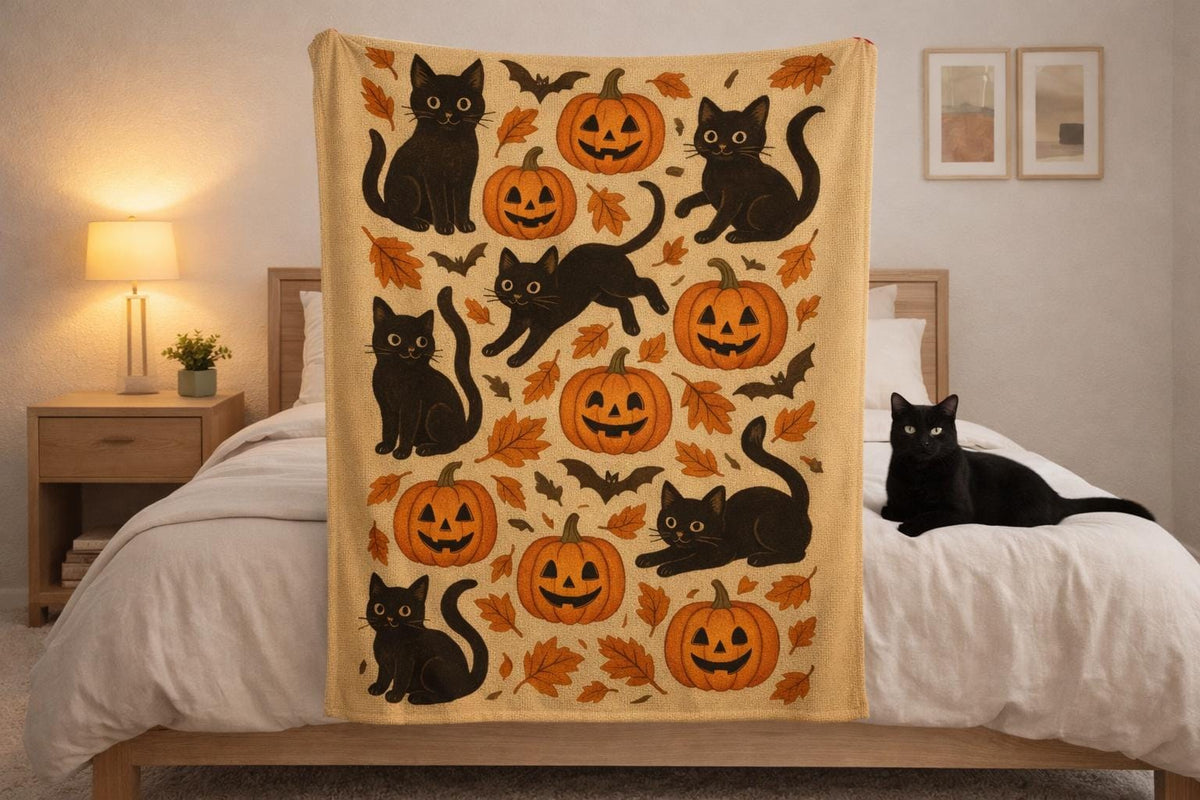 Halloween Blanket: Black Cat & Pumpkin Minky Sherpa Throw
