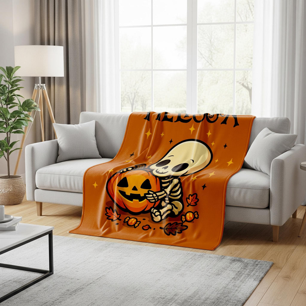 Personalized Halloween Blanket: Baby Skeleton & Pumpkin, Custom Name Kids Throw