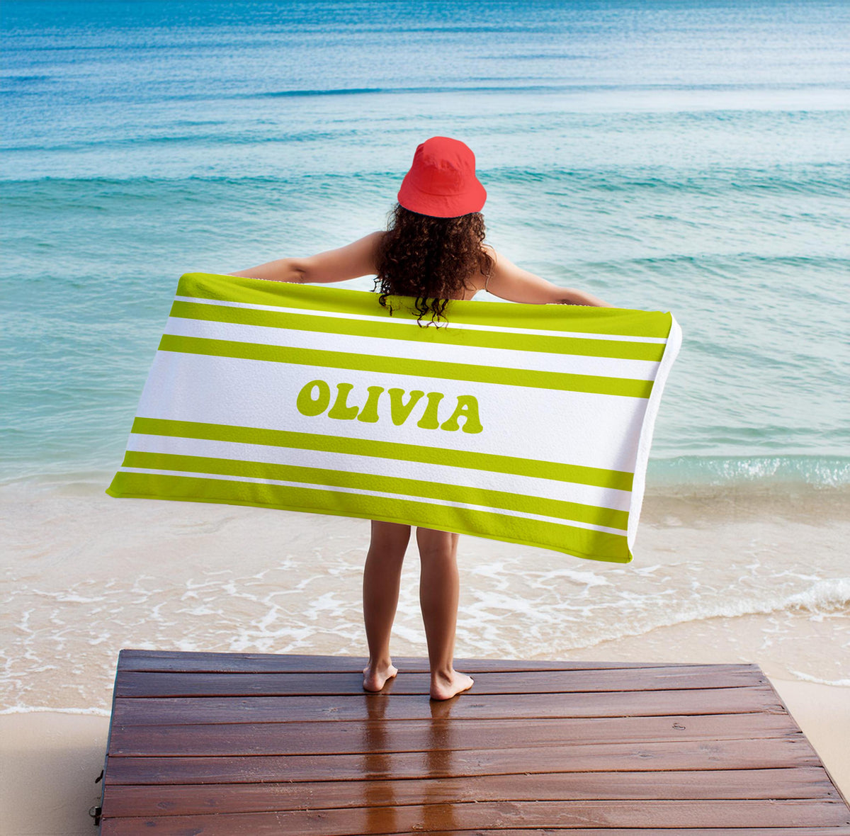 Custom Striped Beach Towel: Personalized 70s Retro Font Name Towel