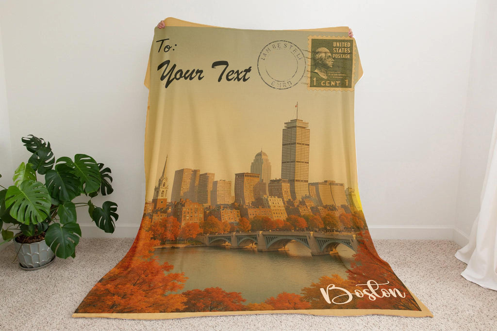 Personalized Boston Blanket – Vintage Postcard, Custom Minky Sherpa Throw
